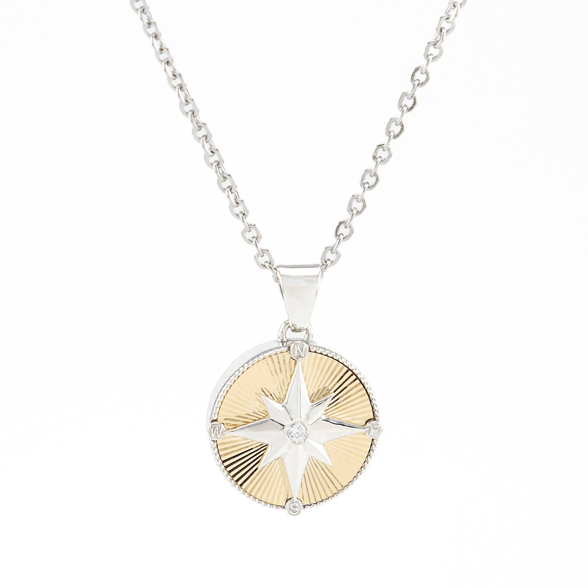 Necklace with a round compass pendant urn on a white background