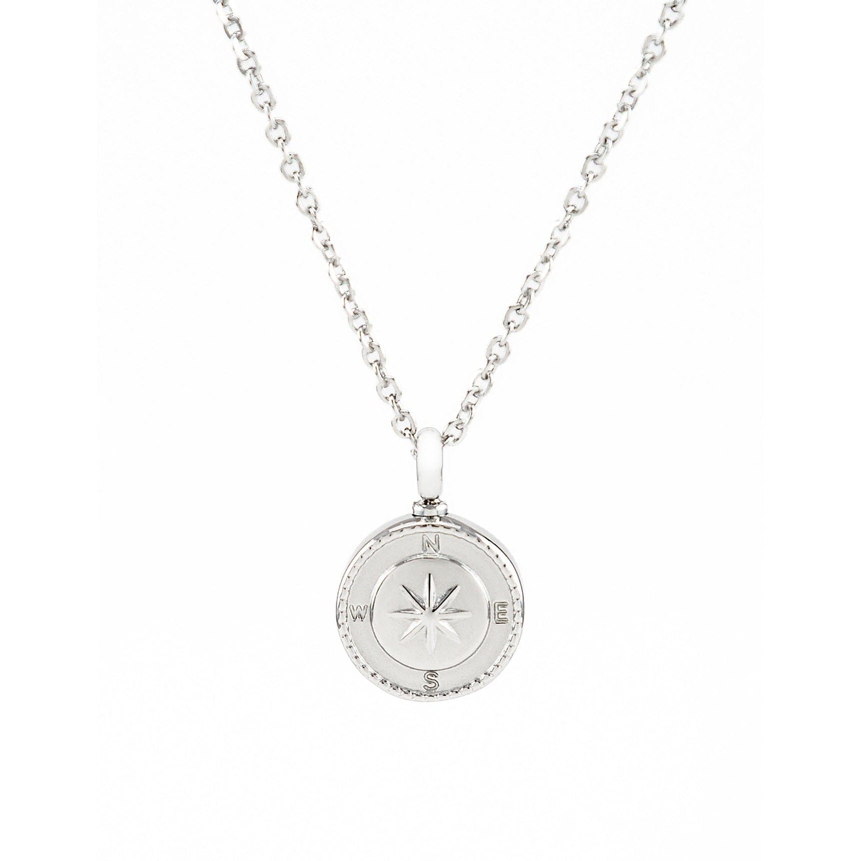 Silver urn necklace with a round compass pendant on a white background