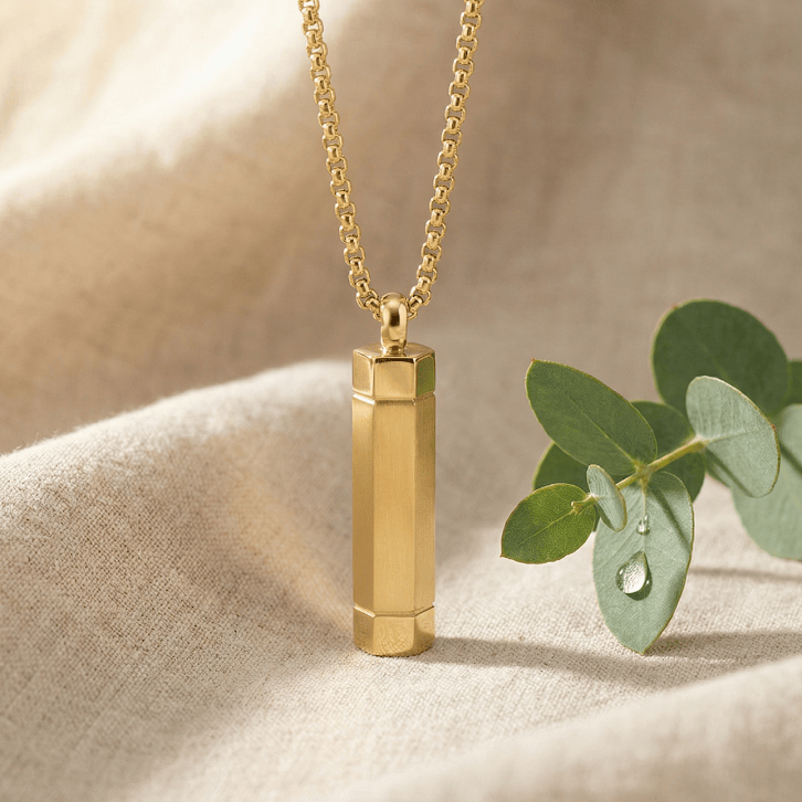 Gold plated cylinder urn necklace with a pendant on a beige fabric background with green leaves.