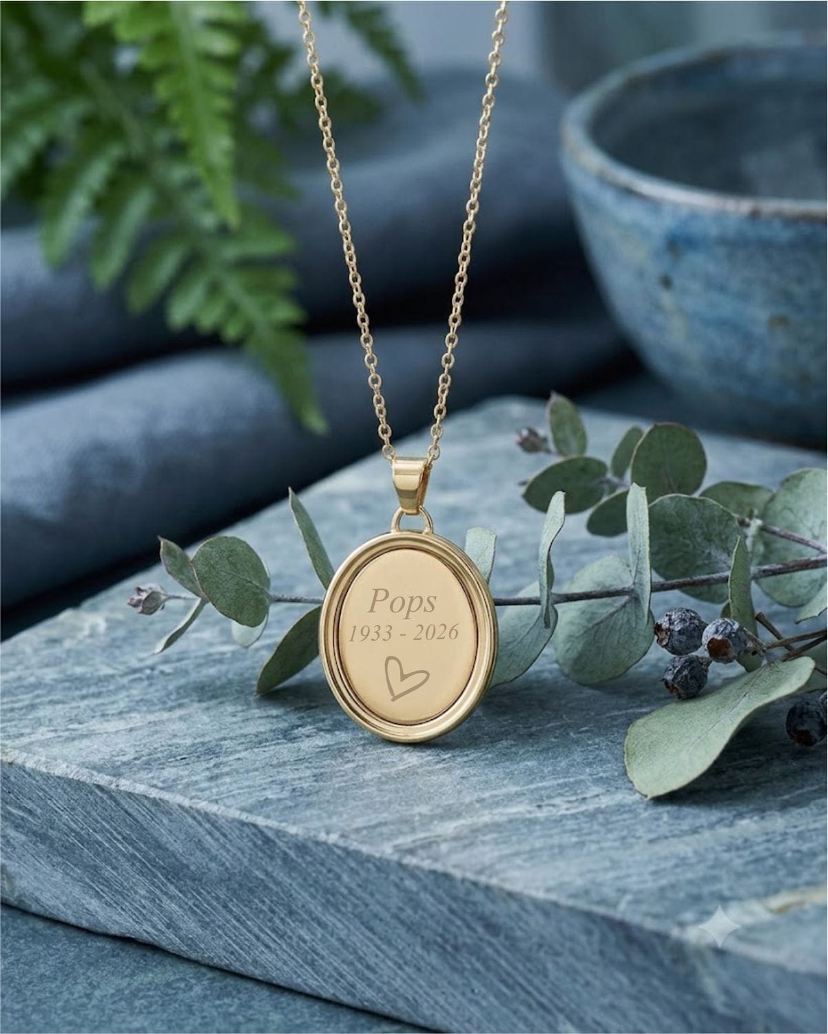Loved Remembered Gold Oval Pendant - Fingerprint Engraving