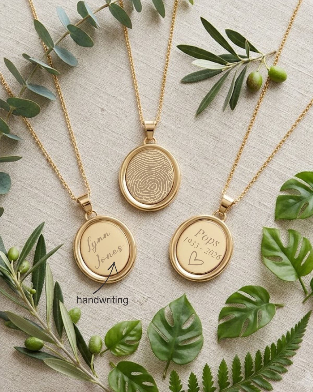 Loved Remembered Gold Oval Pendant - Fingerprint Engraving