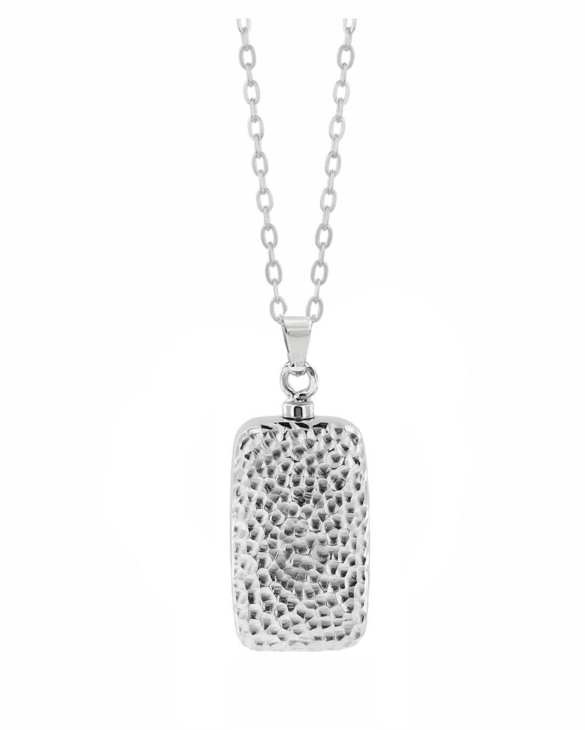 Loved Remembered Silver Hammered Rectangle Pendant Urn - Top Filling