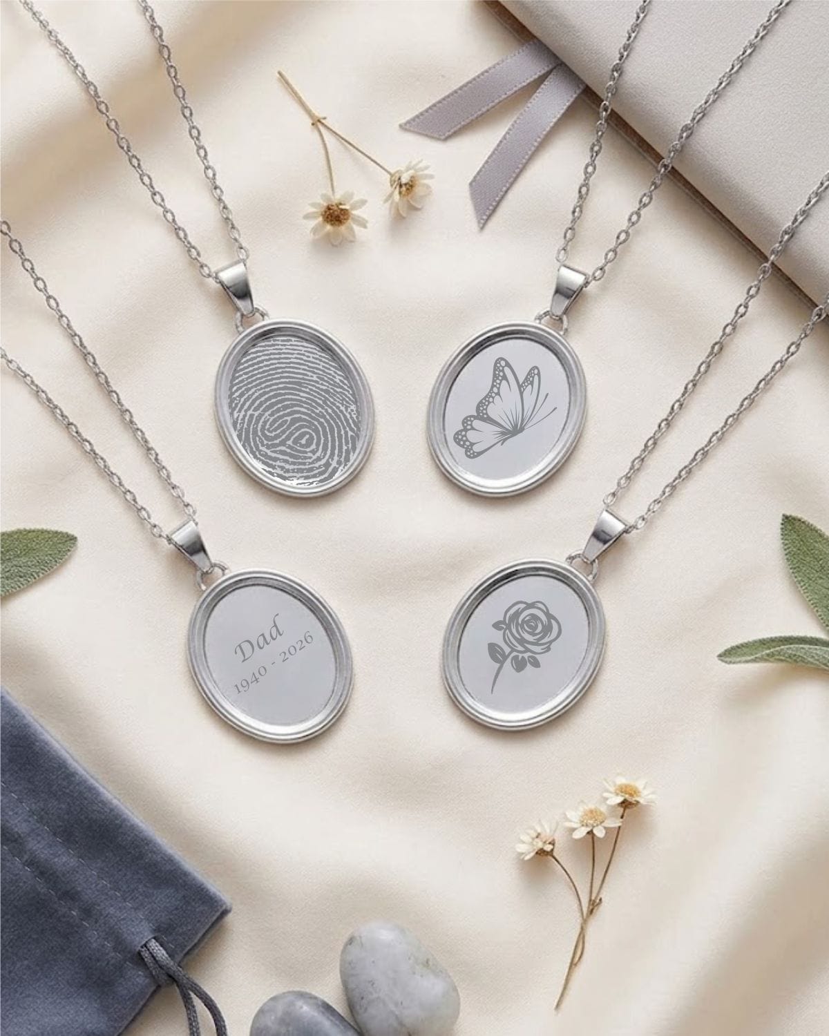 Loved Remembered Silver Oval Pendant - Fingerprint Engraving