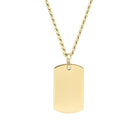 Gold dog tag pendant urn with gold necklace on a white background