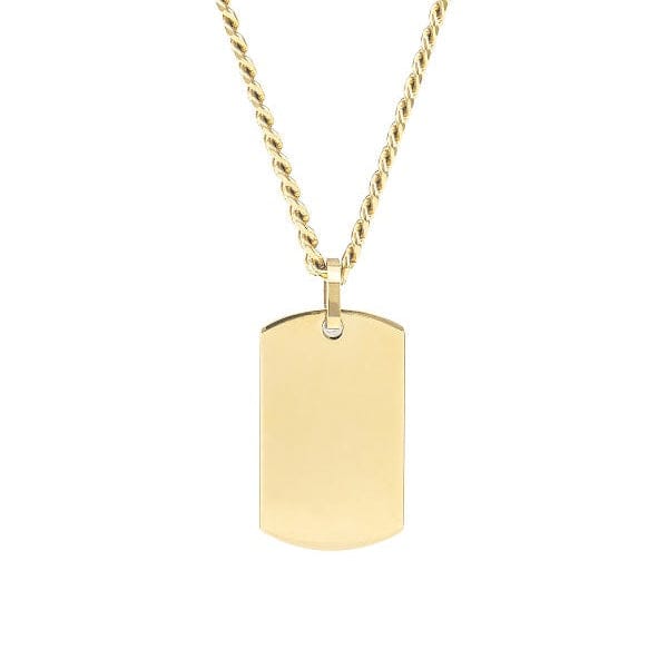 Gold dog tag pendant urn with gold necklace on a white background