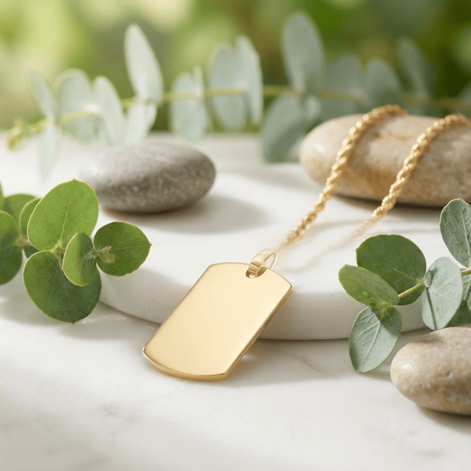 Gold plated dog tag pendant urn on a marble surface with eucalyptus leaves and stones.