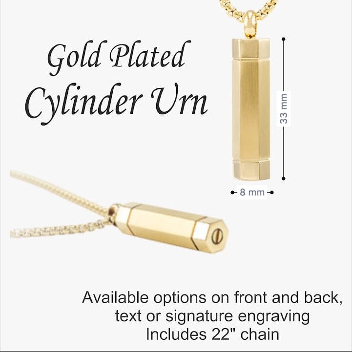Gold-plated cylinder urn necklace with measurements and engraving options on a white background