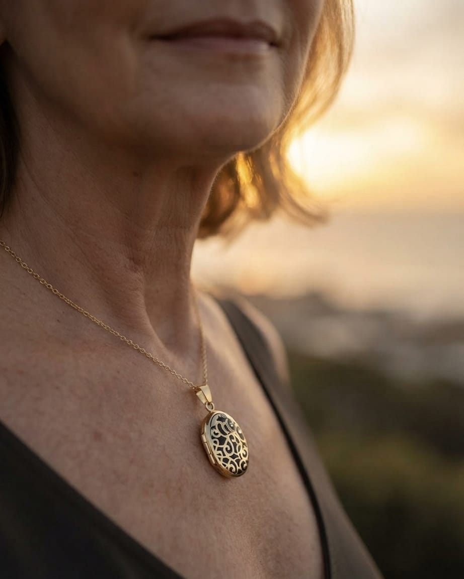 Loved Remembered Gold Filigree Oval Locket Urn