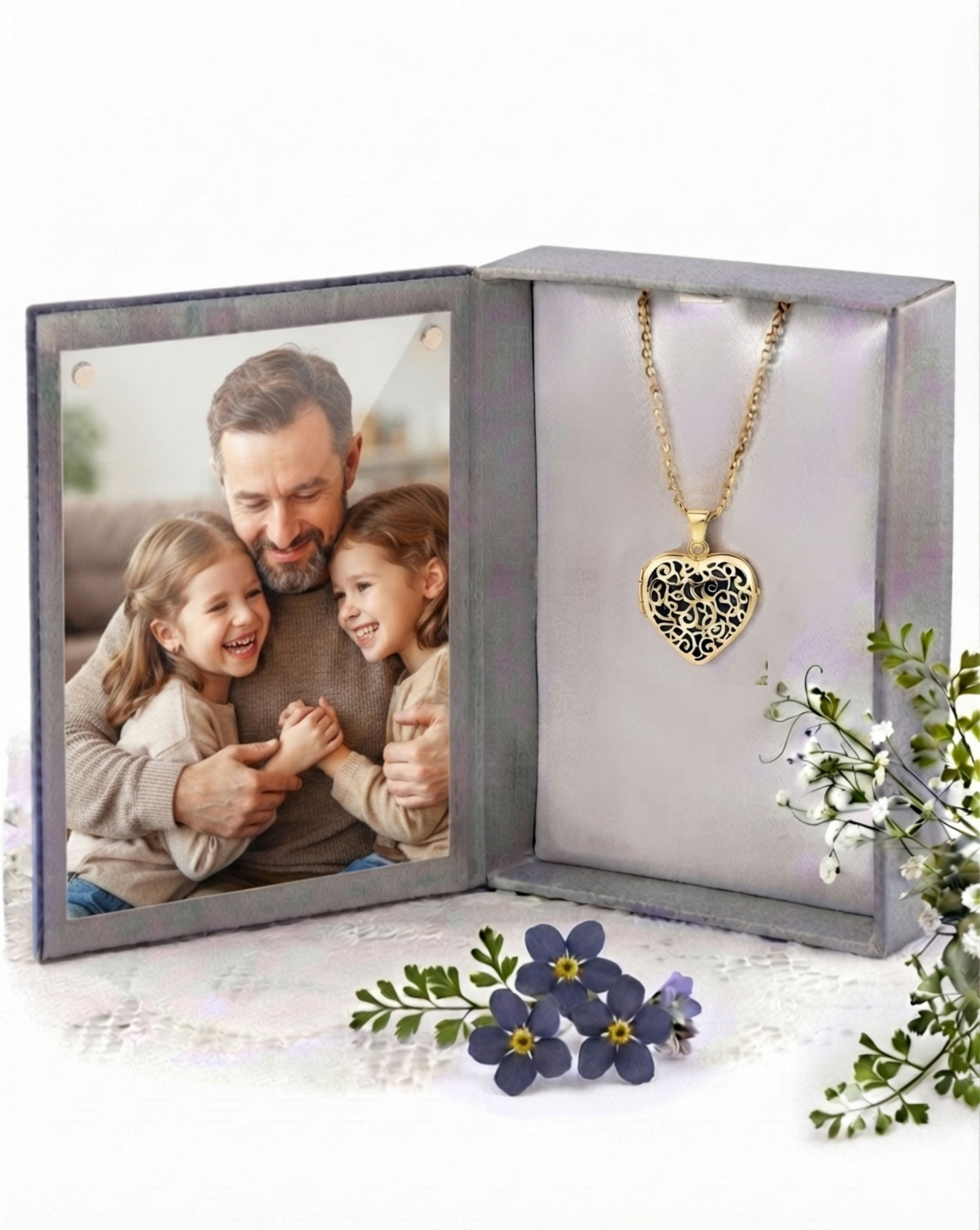 Loved Remembered Gold Filigree Photo Print Locket