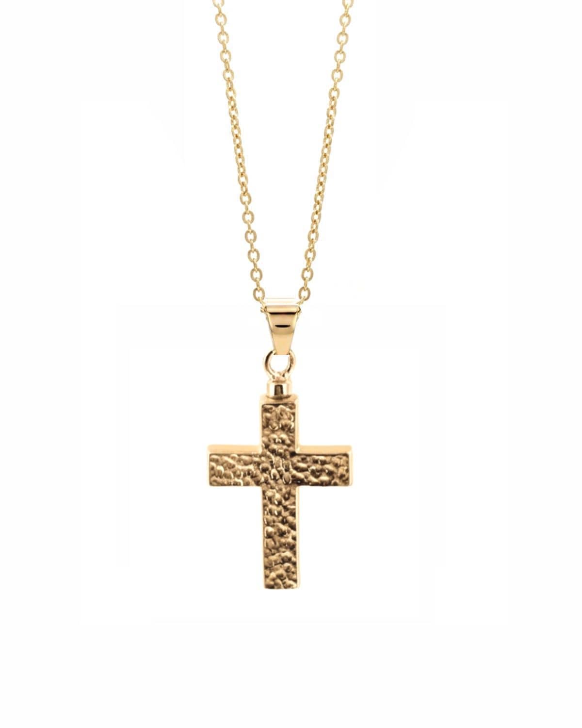 Loved Remembered Hammered Gold Cross Pendant Urn