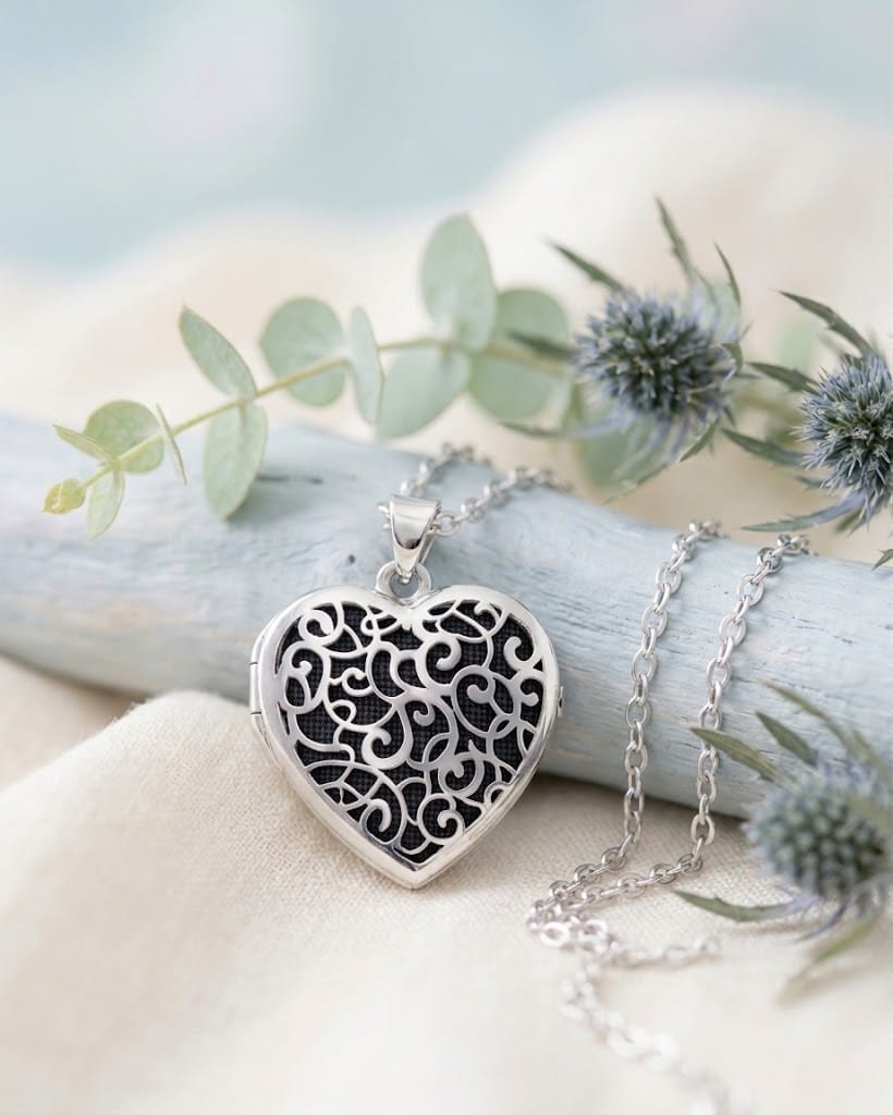 Loved Remembered Silver Filigree Heart Locket Urn