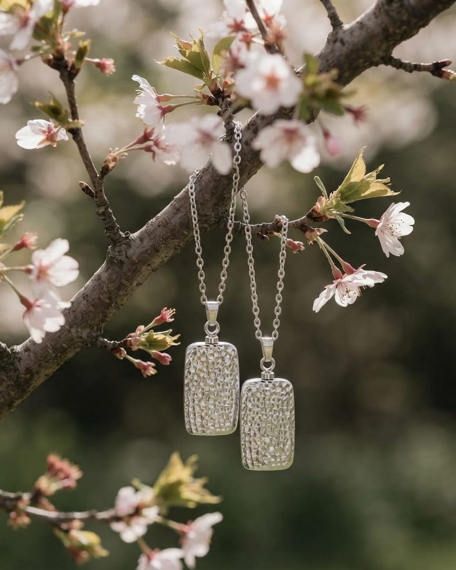 Loved Remembered Silver Hammered Rectangle Pendant Urn - Top Filling