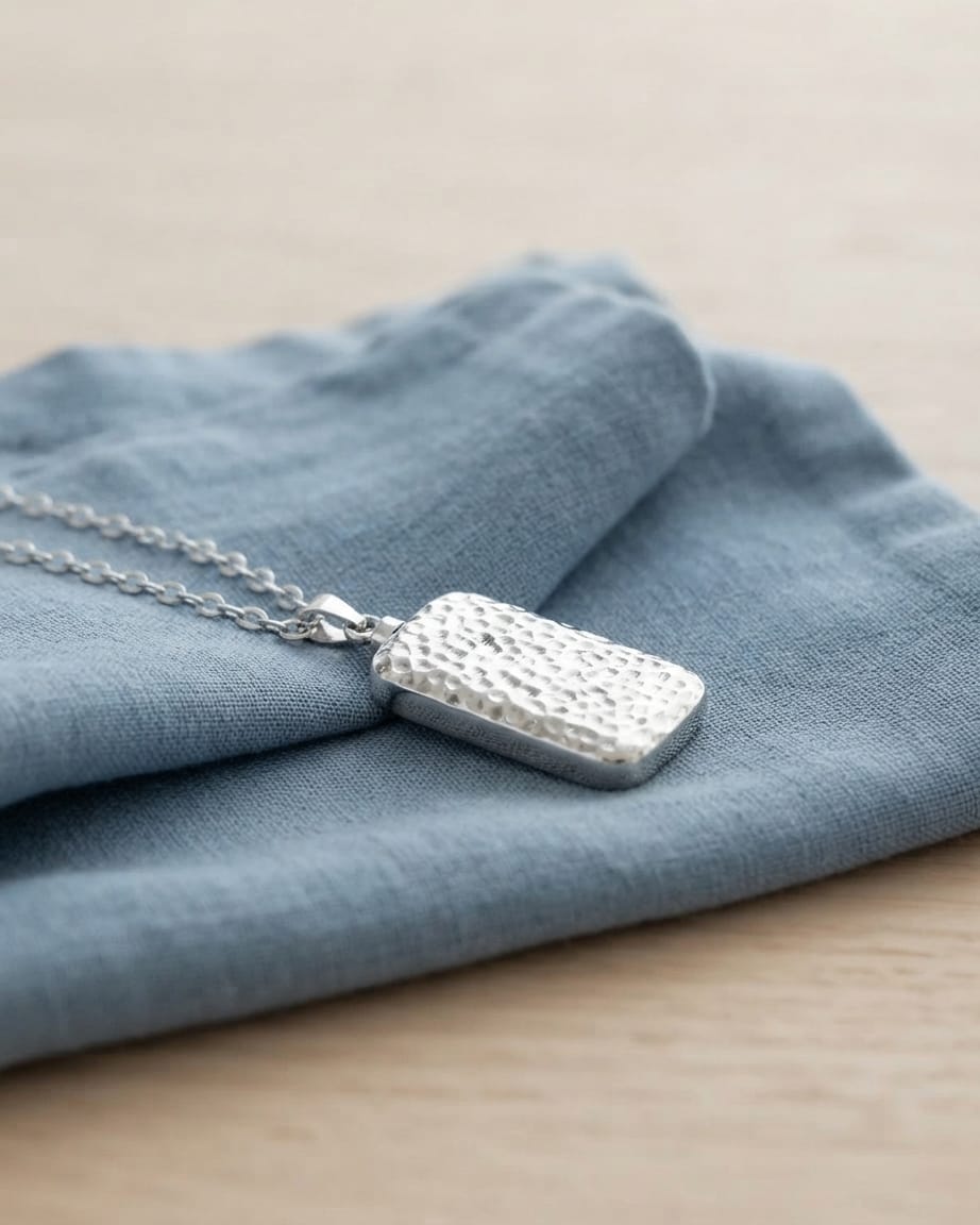 Loved Remembered Silver Hammered Rectangle Pendant Urn - Top Filling