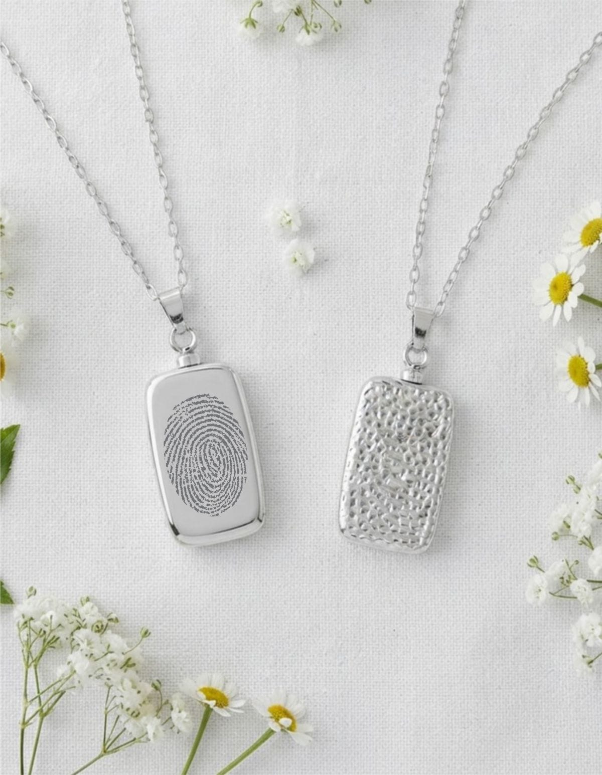 Loved Remembered Silver Hammered Rectangle Pendant Urn - Top Filling