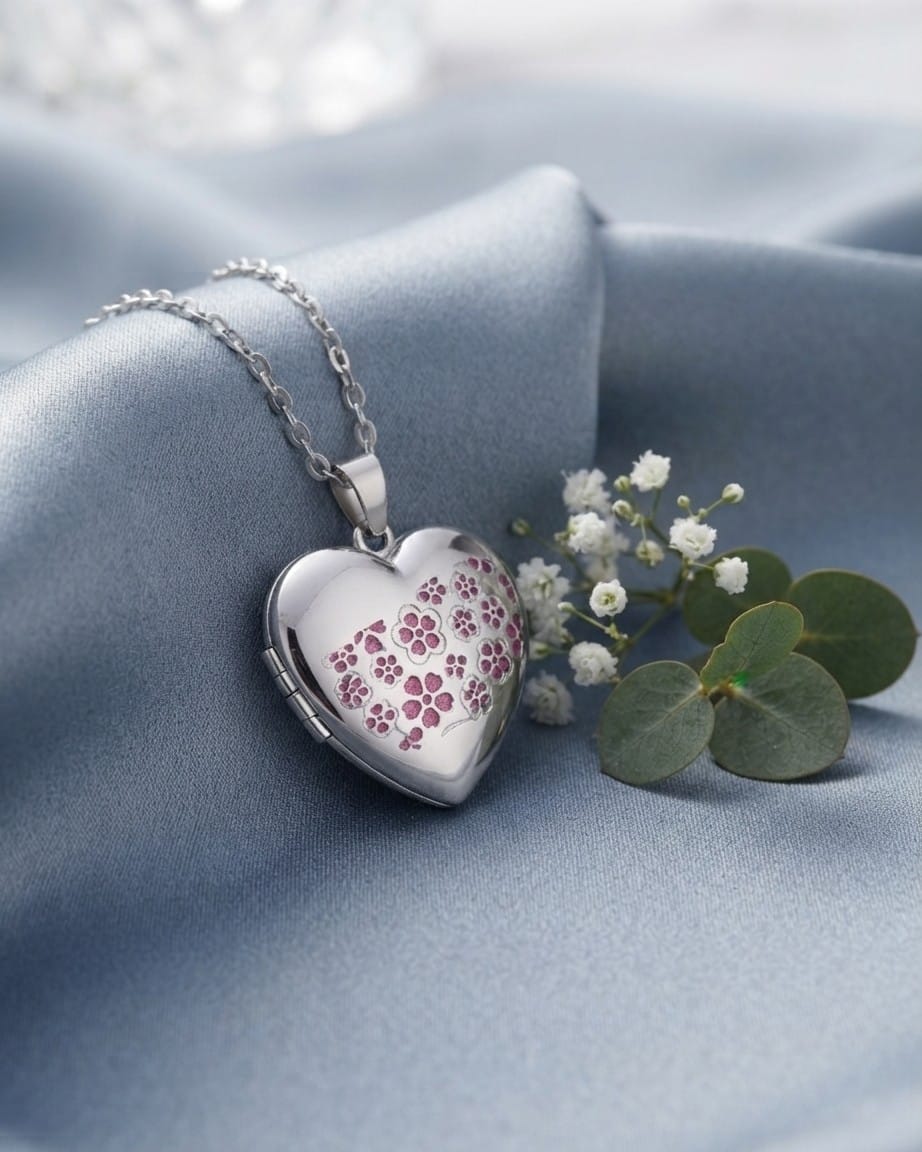 Loved Remembered Silver Heart Locket Urn - Flowers