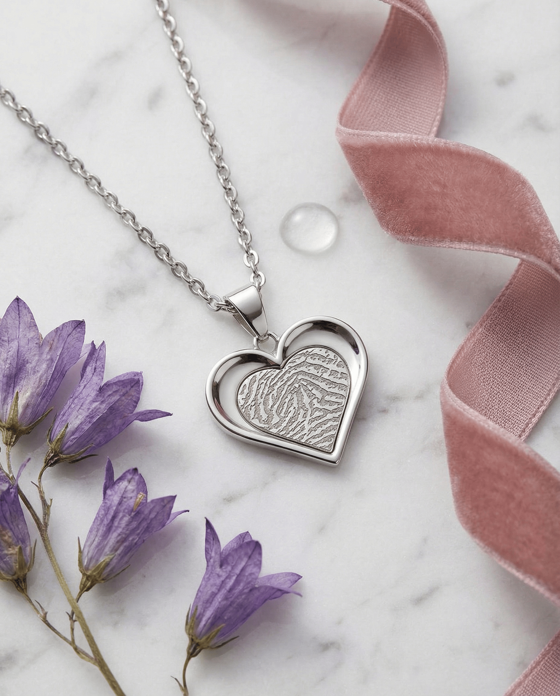 Loved Remembered Silver Heart Pendant - Fingerprint Engraving