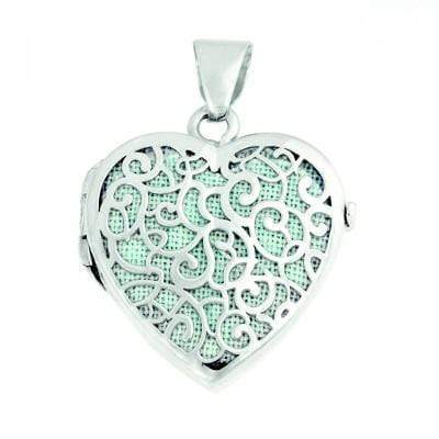 Cara Keepsakes Silver Locket Urns Silver Filigree Heart Locket Urn close up - turquoise