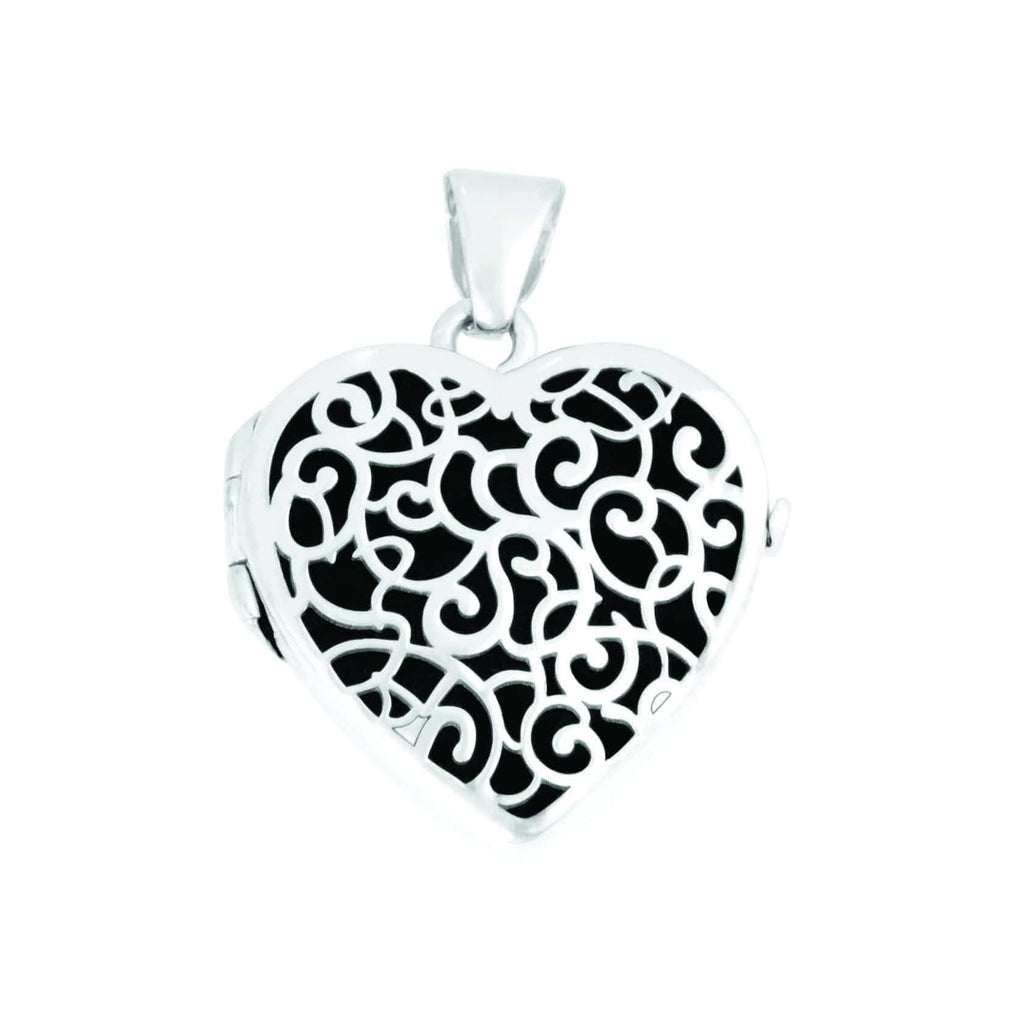 Cara Keepsakes Silver Locket Urns Silver Filigree Heart Locket Urn close up - black