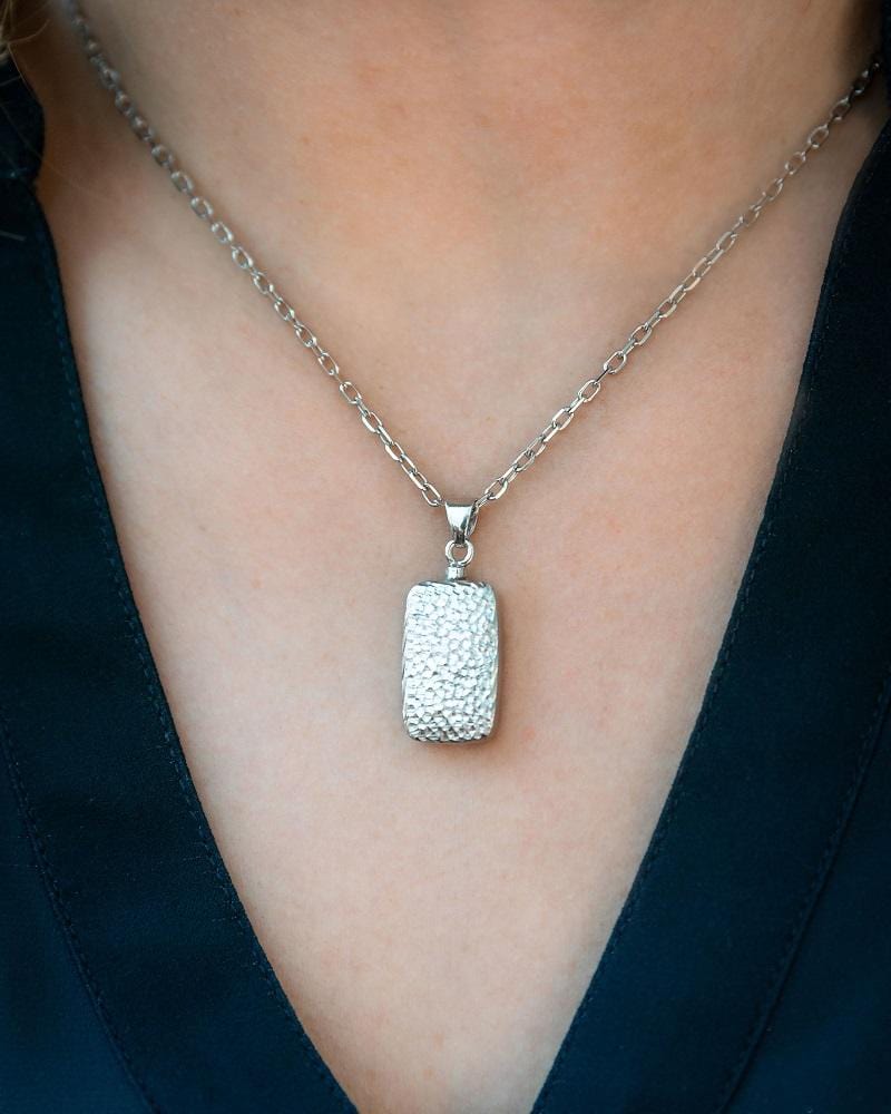 Loved Remembered Silver Hammered Rectangle Pendant Urn - Top Filling